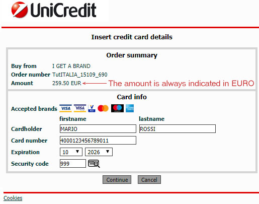 Card data entry page